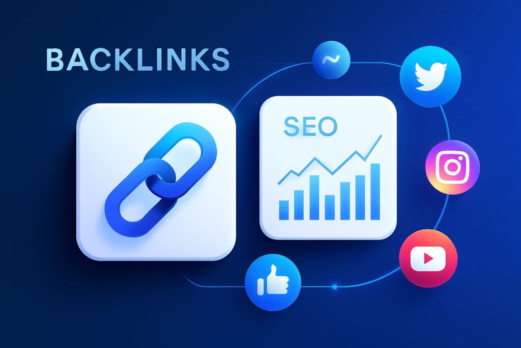 Off-Page SEO illustration showing backlinks, social media engagement, and SEO growth charts.