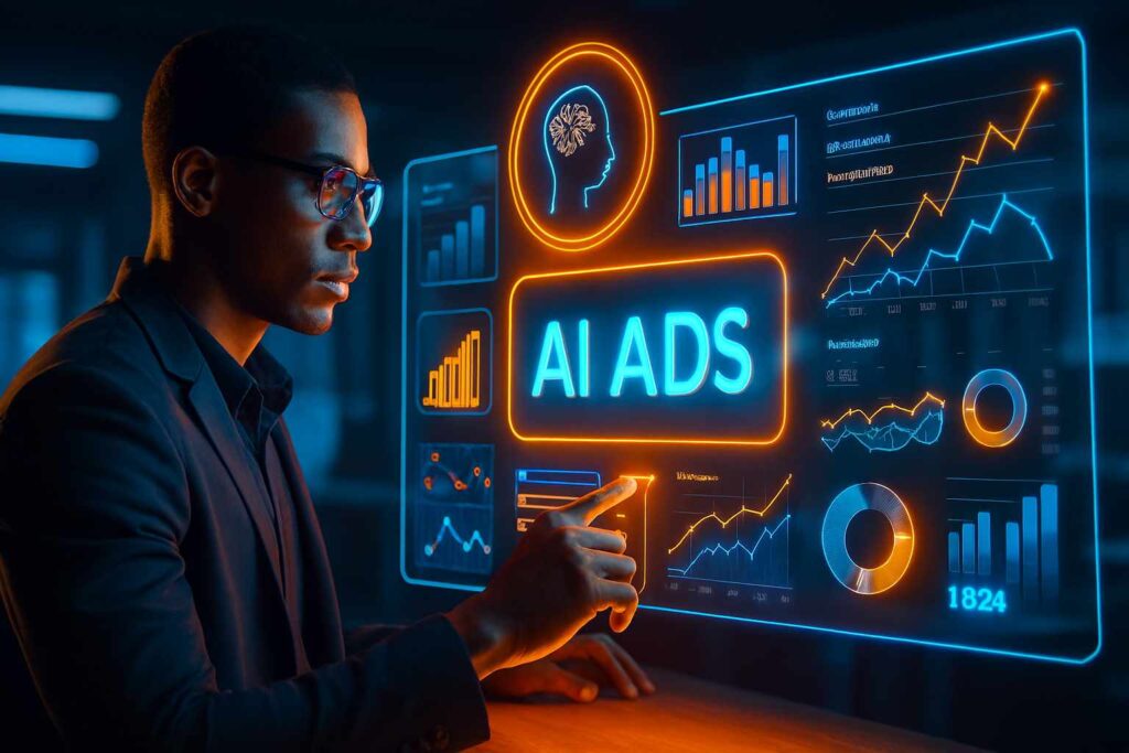 AI-powered advertising dashboard showing data analytics and digital marketing insights in 2026