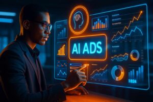 AI-powered advertising dashboard showing data analytics and digital marketing insights in 2026