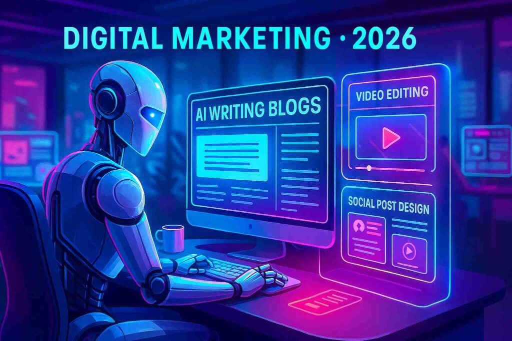 AI-powered content creation for blogs, videos, and social media 2026, digital marketing, ChatGPT, Jasper, Canva AI