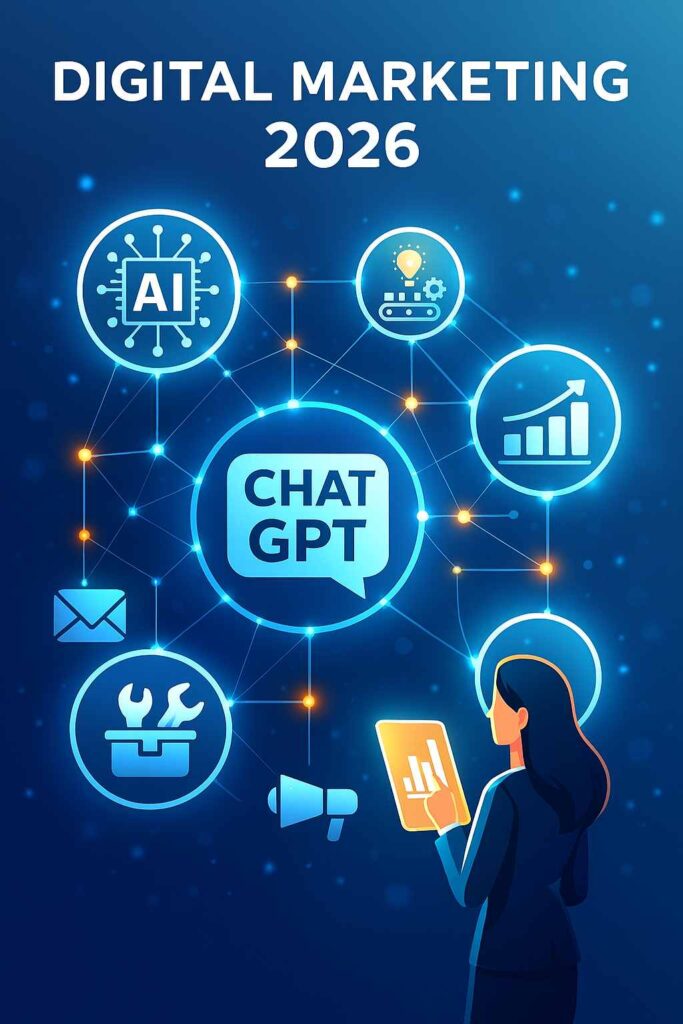 AI tools and digital marketing concept 2026, ChatGPT, data analytics, productivity tools