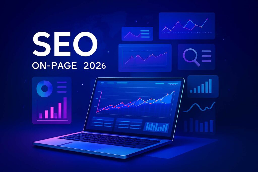 Futuristic workspace showing advanced on-page SEO techniques for 2026
