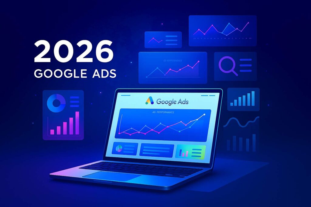 Modern workspace showing Google Ads strategies for 2026 with dashboard and analytics